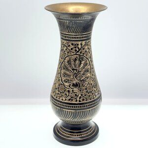 Black Gold Etched Brass Vintage Vase Peacock Floral Design 6" Handmade In India